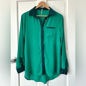 Free People Oversized Green Long Sleeve Button-Up Shirt Navy Trim Color-block XS